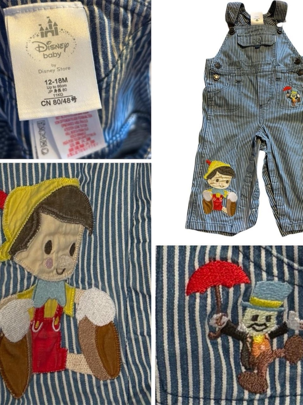 Disney Pinstripe Overalls with Pinocchio Embroidery 💛